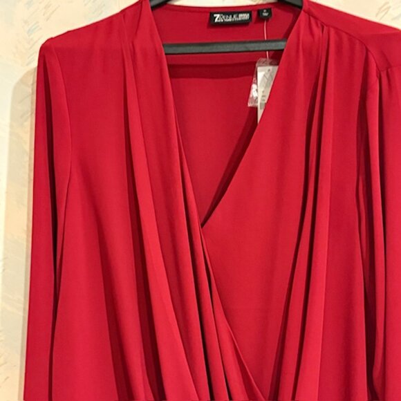 NYC 7th Avenue Red Dressy Cross Over XL Drapey Blouse Body Suit V Neck NWT - Picture 2 of 10